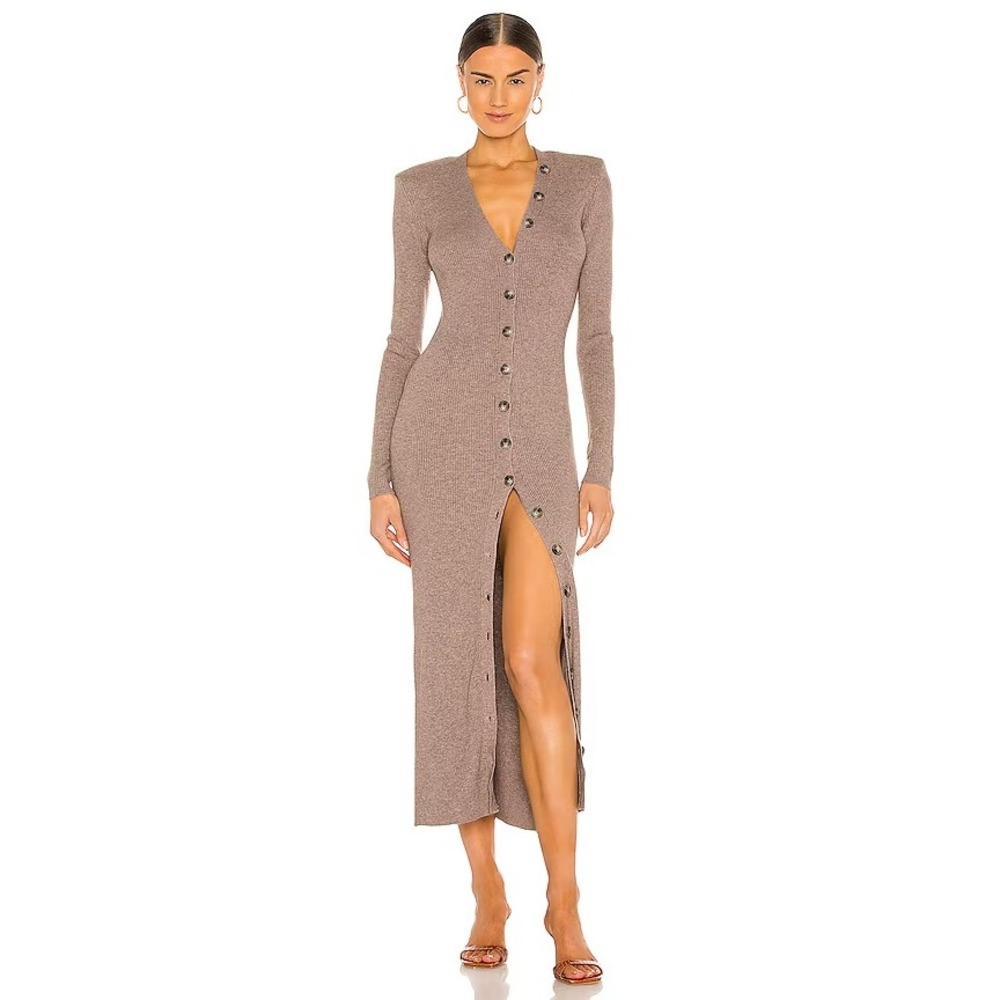 Torn Ronny Kobo Vianne Knit Maxi Dress Taupe Brown Button Front Wool Blend Sz L